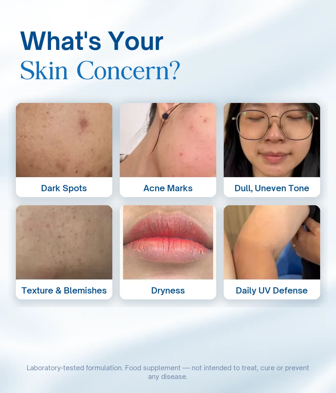 What is your skin concern — dark spots, acne marks, dull uneven tone, texture, dryness, UV defense