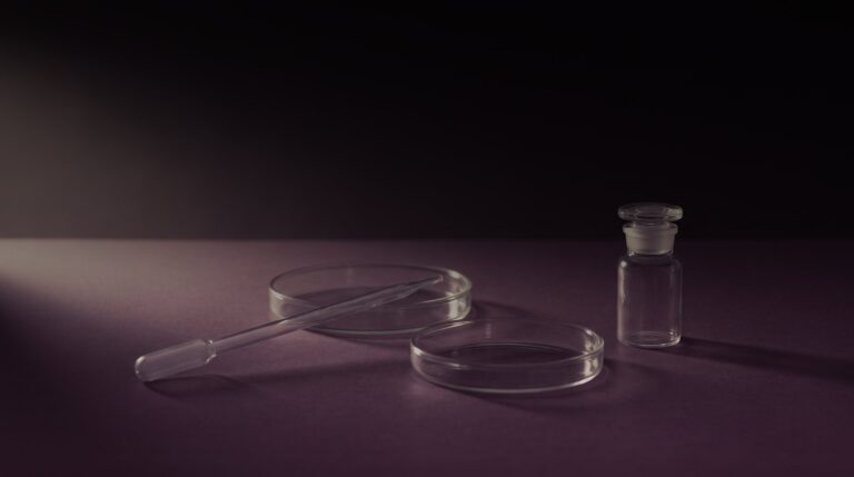 Laboratory glassware — a pipette, two empty petri dishes and a stoppered vial — lit softly on a deep plum surface