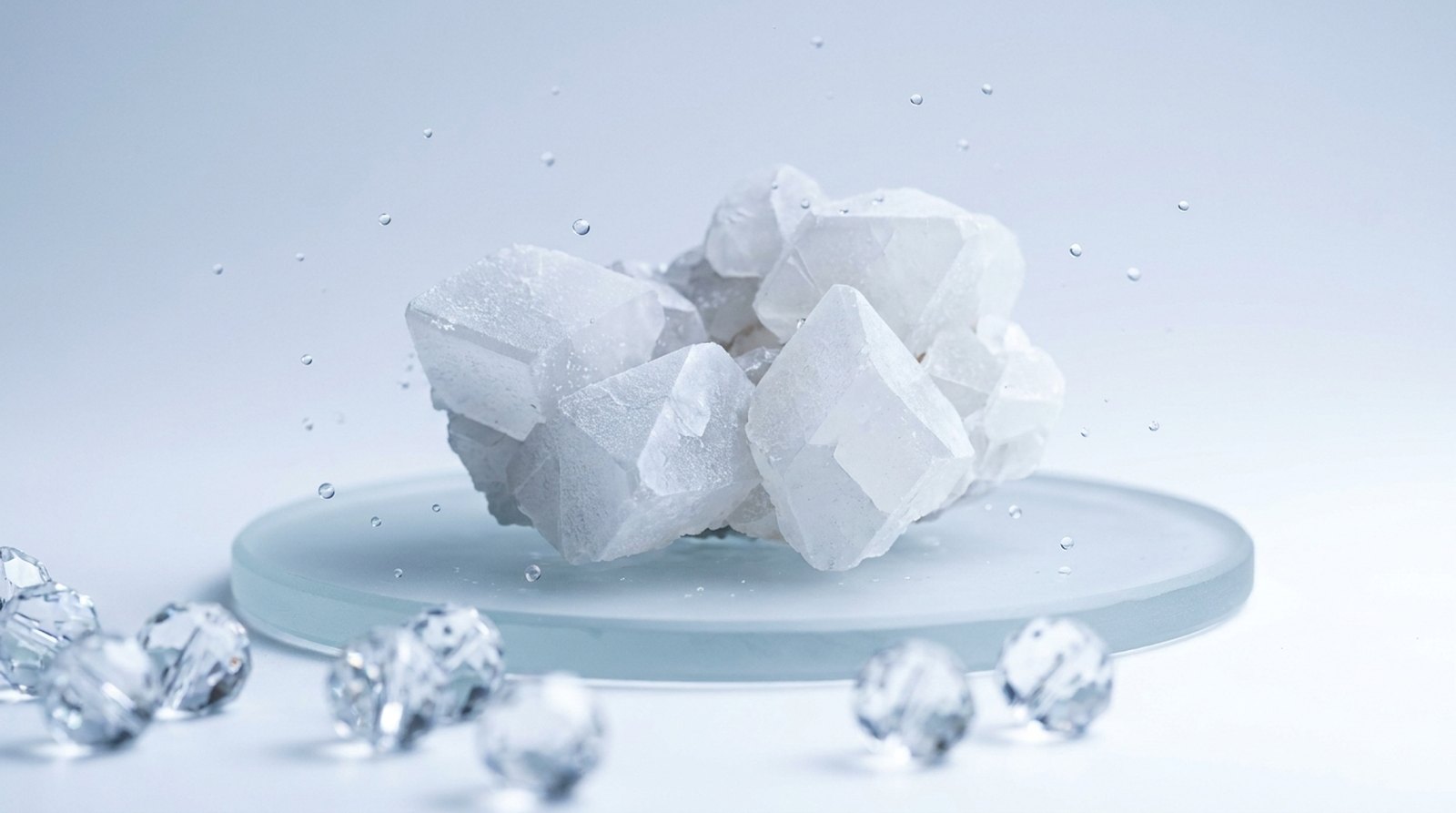 White calcite mineral crystals with flat geometric faces on a pale glass disc, the crystalline form of calcium