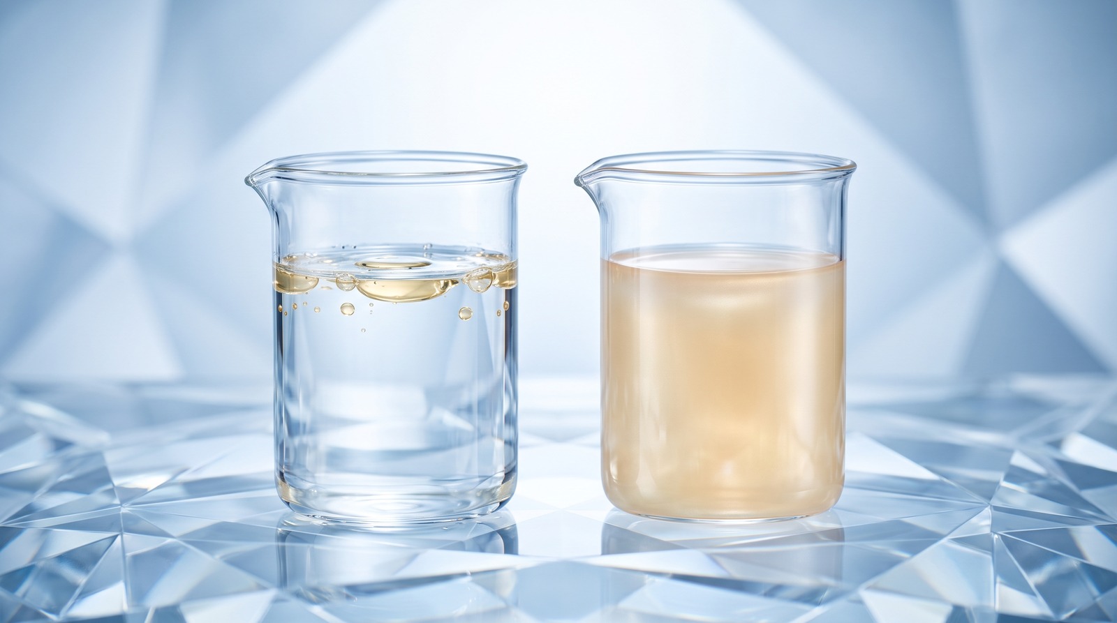 Two laboratory beakers of water, the left with golden oil droplets sitting separately on the surface, the right with the same material fully dispersed as a smooth opalescent liquid