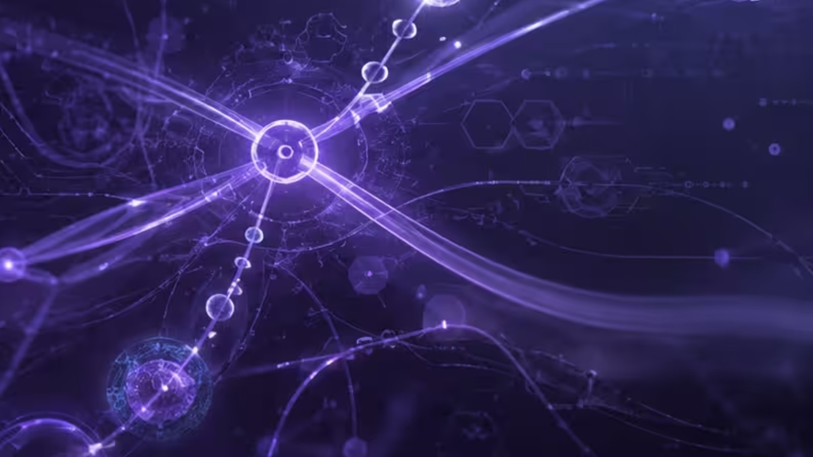 Abstract dark violet illustration of molecular pathways, used as the header image for an article on the published research behind the ingredients in Kura Mynis.