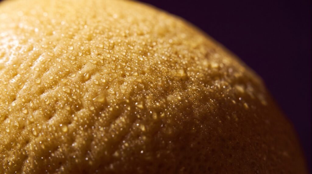 Extreme macro photograph of lemon peel showing its oil glands, the part of the fruit where eriocitrin is concentrated.