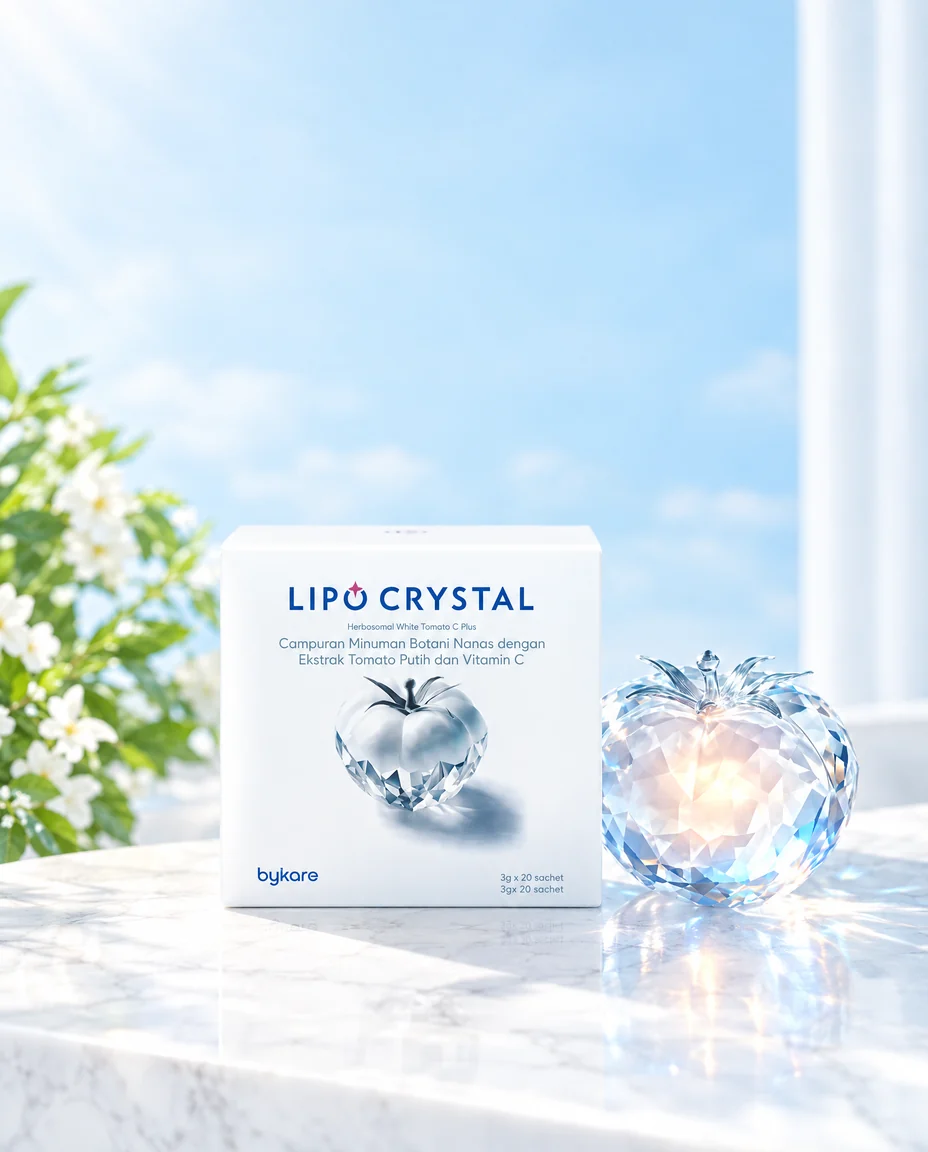 Lipo Crystal white tomato supplement box with crystal tomato on a marble table in morning light