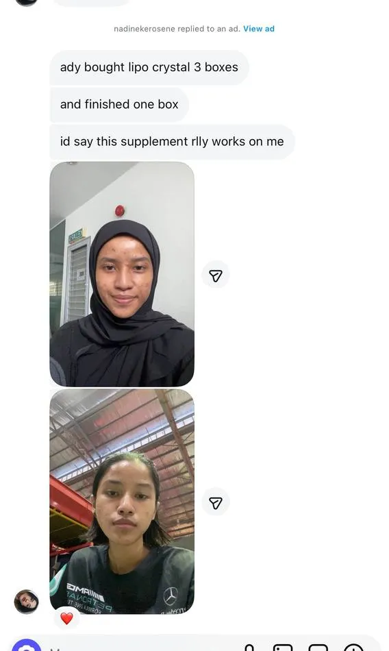 Message a Lipo Crystal customer sent to the brand