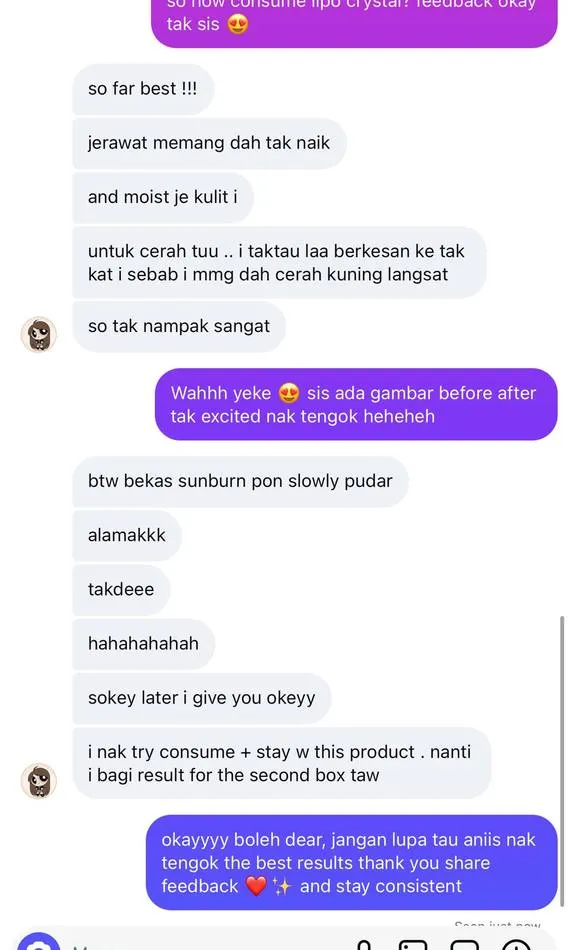 Message a Lipo Crystal customer sent to the brand