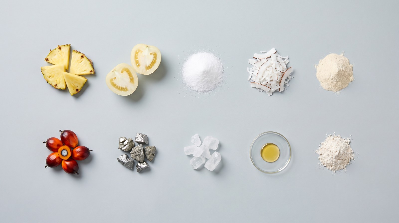 Overhead flat lay of the ten declared Lipo Crystal actives laid out separately on a pale grey surface: pineapple, white tomato, vitamin C crystals, coconut, yeast beta-glucan powder, oil palm fruit, zinc mineral, calcium crystals, vitamin D3 oil and the enzyme premix