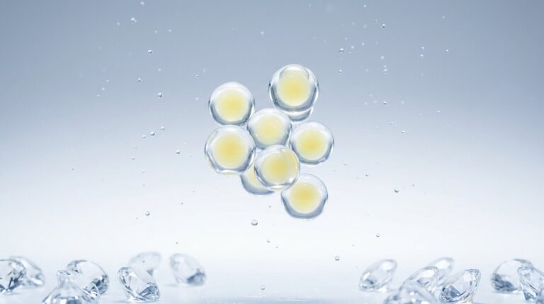 Translucent liposome spheres holding pale yellow vitamin C cores, suspended above cut crystals, illustrating liposomal encapsulation