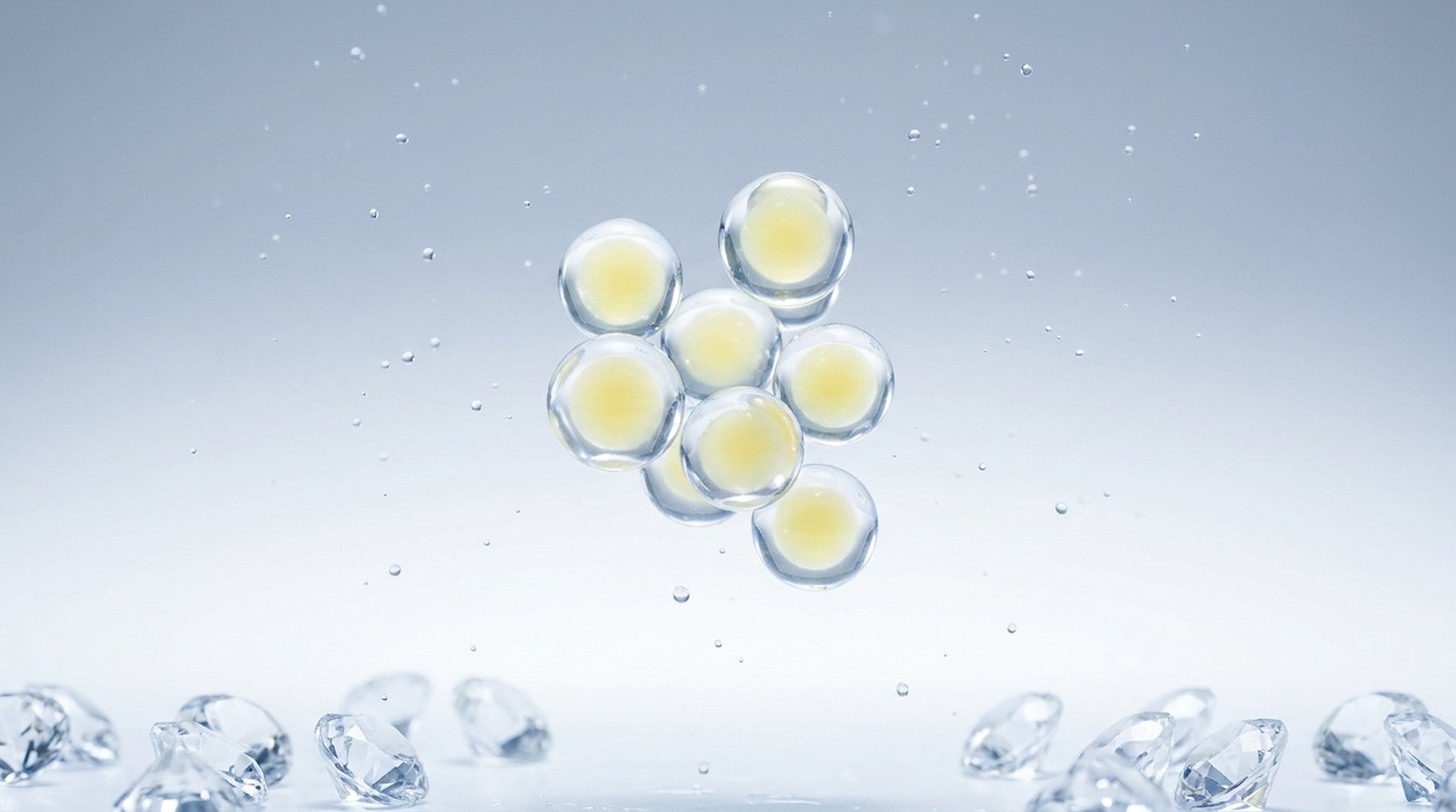 Translucent liposome spheres holding pale yellow vitamin C cores, suspended above cut crystals, illustrating liposomal encapsulation