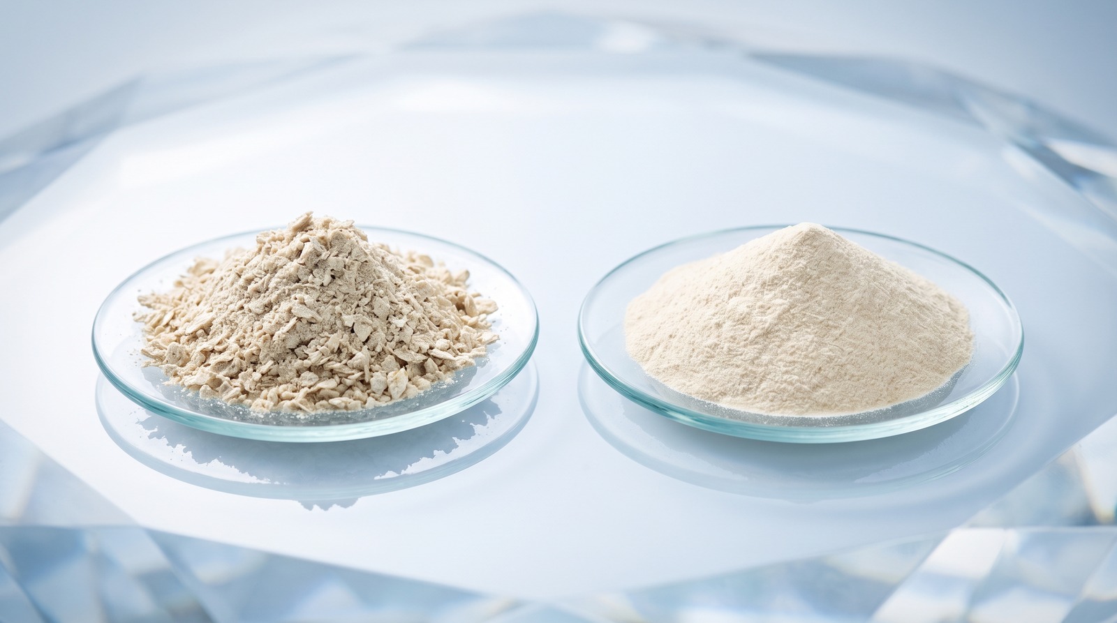 Two piles of powder side by side on glass plates, a coarse beige dried fruit powder on the left and a fine ivory standardised extract on the right