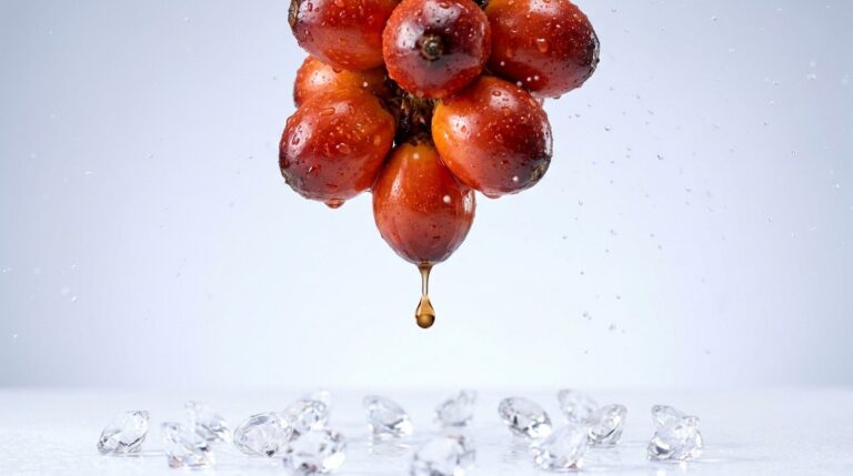 Fresh red oil palm fruitlets with a single golden oil droplet falling, the fruit tocotrienol vitamin E is extracted from