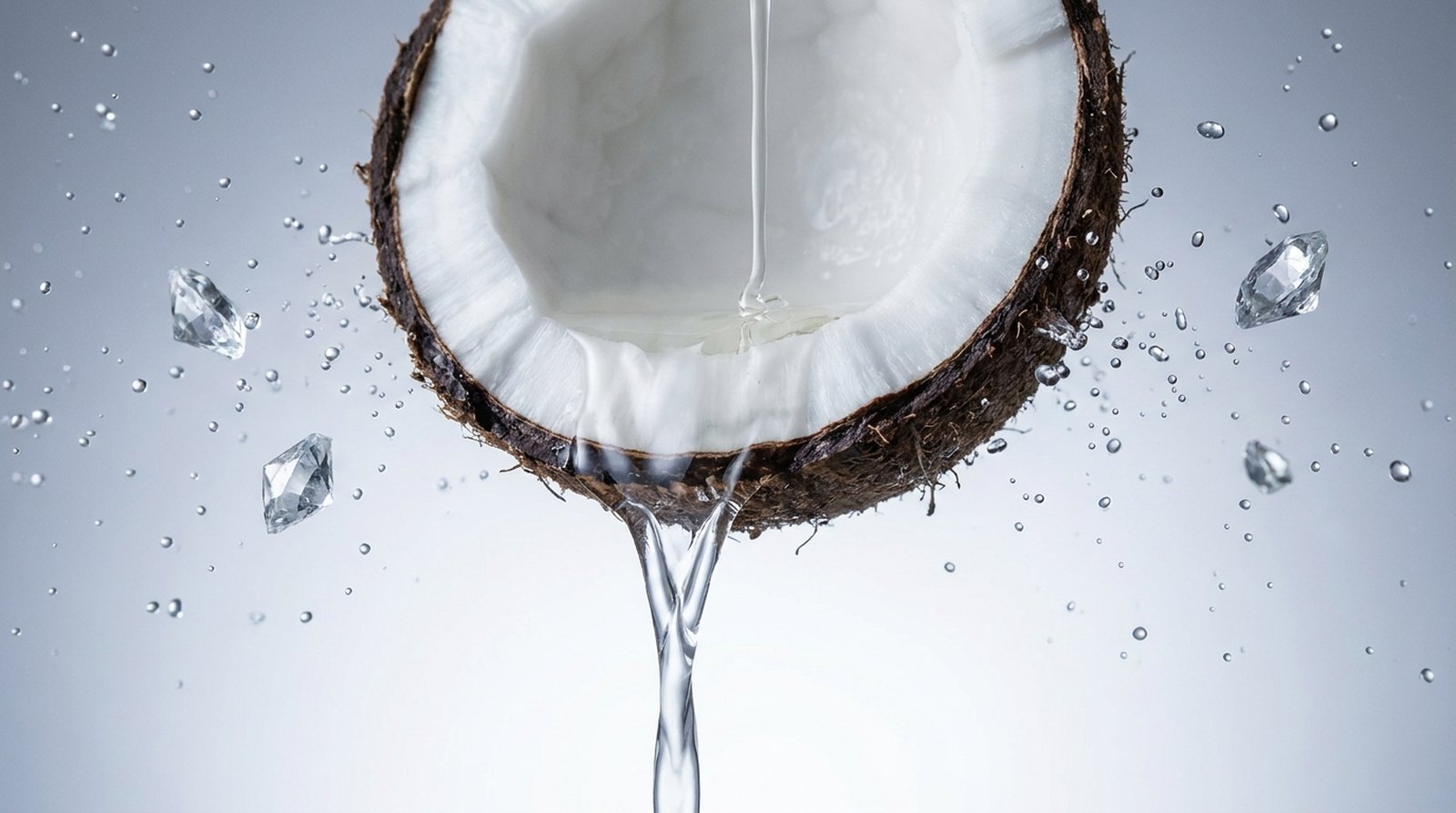 A cracked coconut half showing white flesh with clear virgin coconut oil pouring from its edge