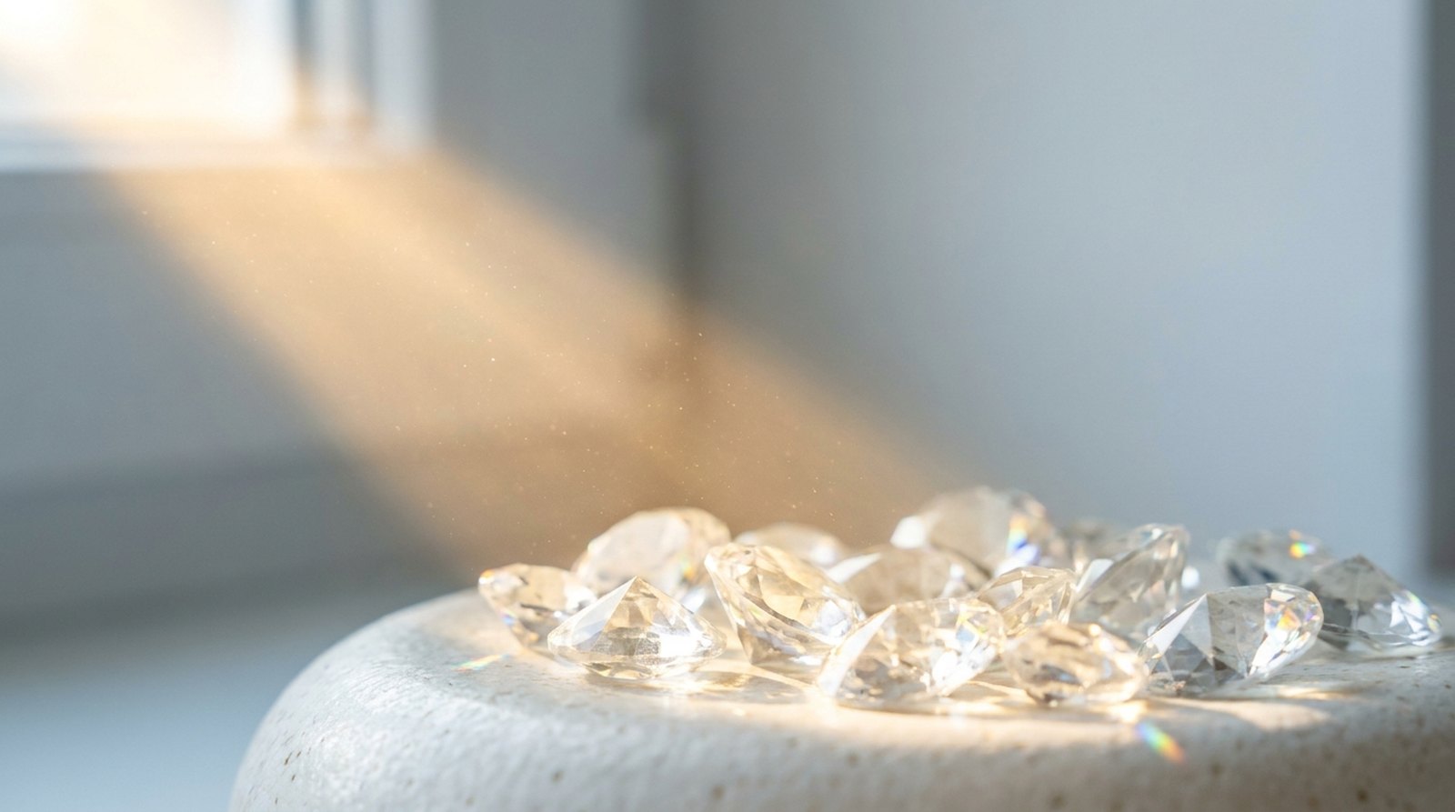A shaft of daylight from a window falling across clear crystals with dust visible in the beam, the sun exposure vitamin D3 synthesis depends on