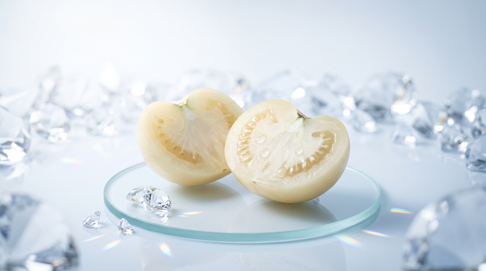 Two halves of a pale ivory white tomato cut open on a glass disc, showing colourless flesh with no red pigment