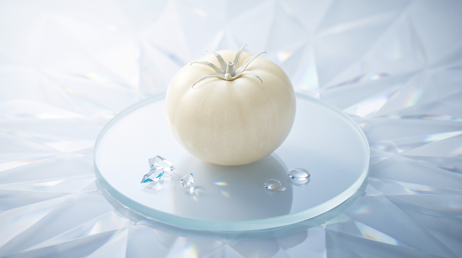 A single pale ivory heirloom white tomato resting on a translucent glass disc, surrounded by faceted crystal and water droplets