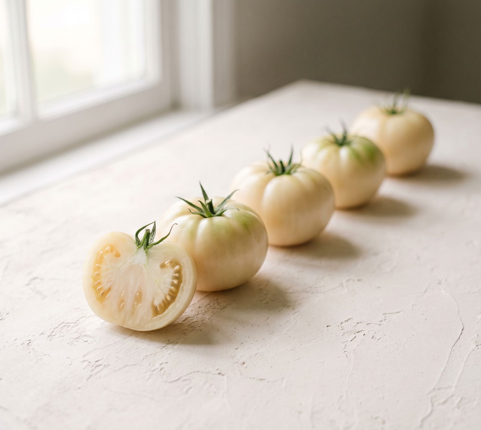 Five pale ivory heirloom white tomatoes lined up in a row on an off-white plaster surface, the nearest cut open showing colourless flesh