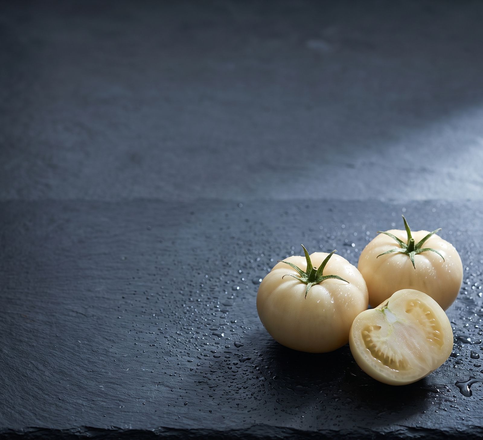 Three pale ivory heirloom white tomatoes on a dark charcoal slate surface with water droplets, one cut open showing colourless pale flesh