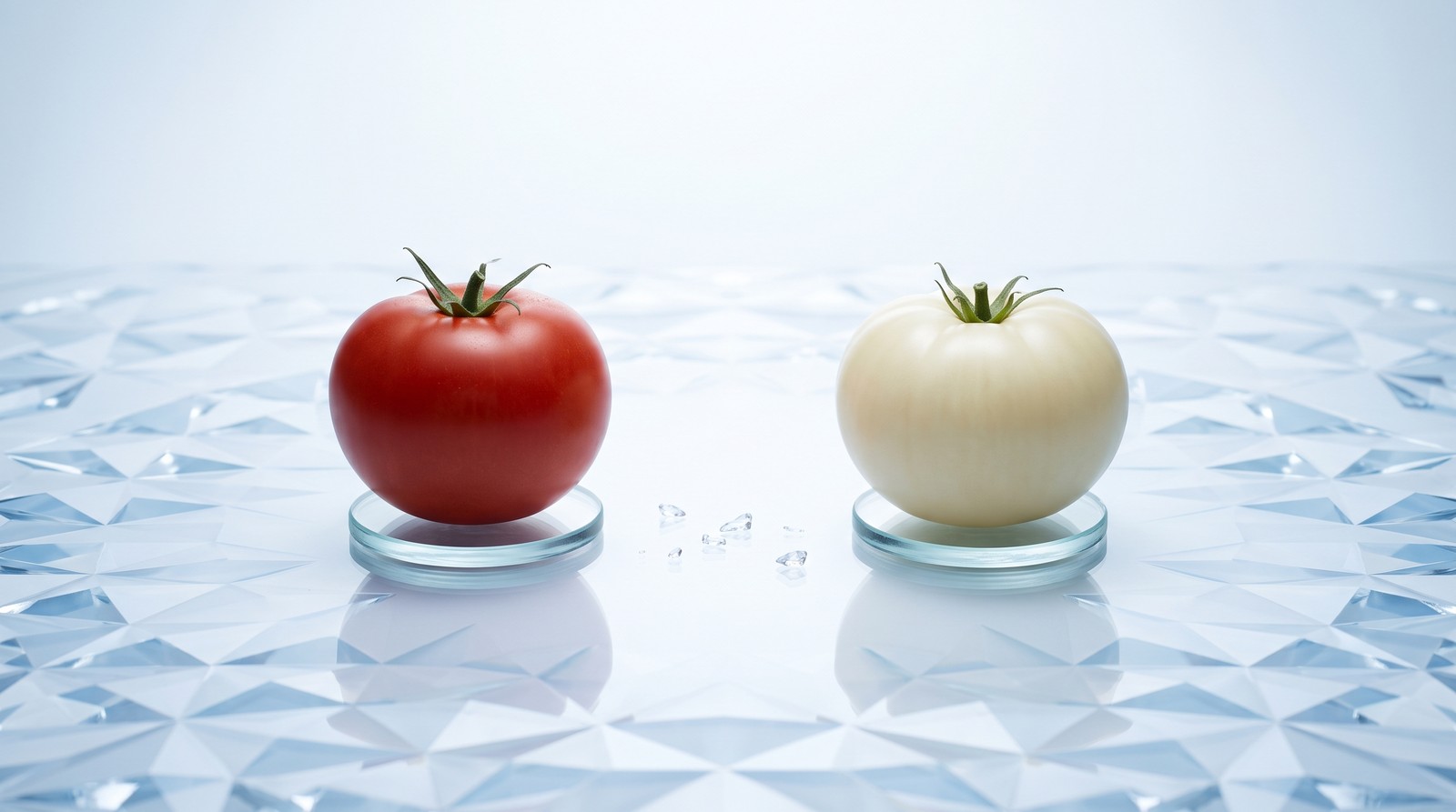 A deep red ripe tomato beside a pale ivory white tomato of the same size, each on its own glass disc on a faceted crystal surface