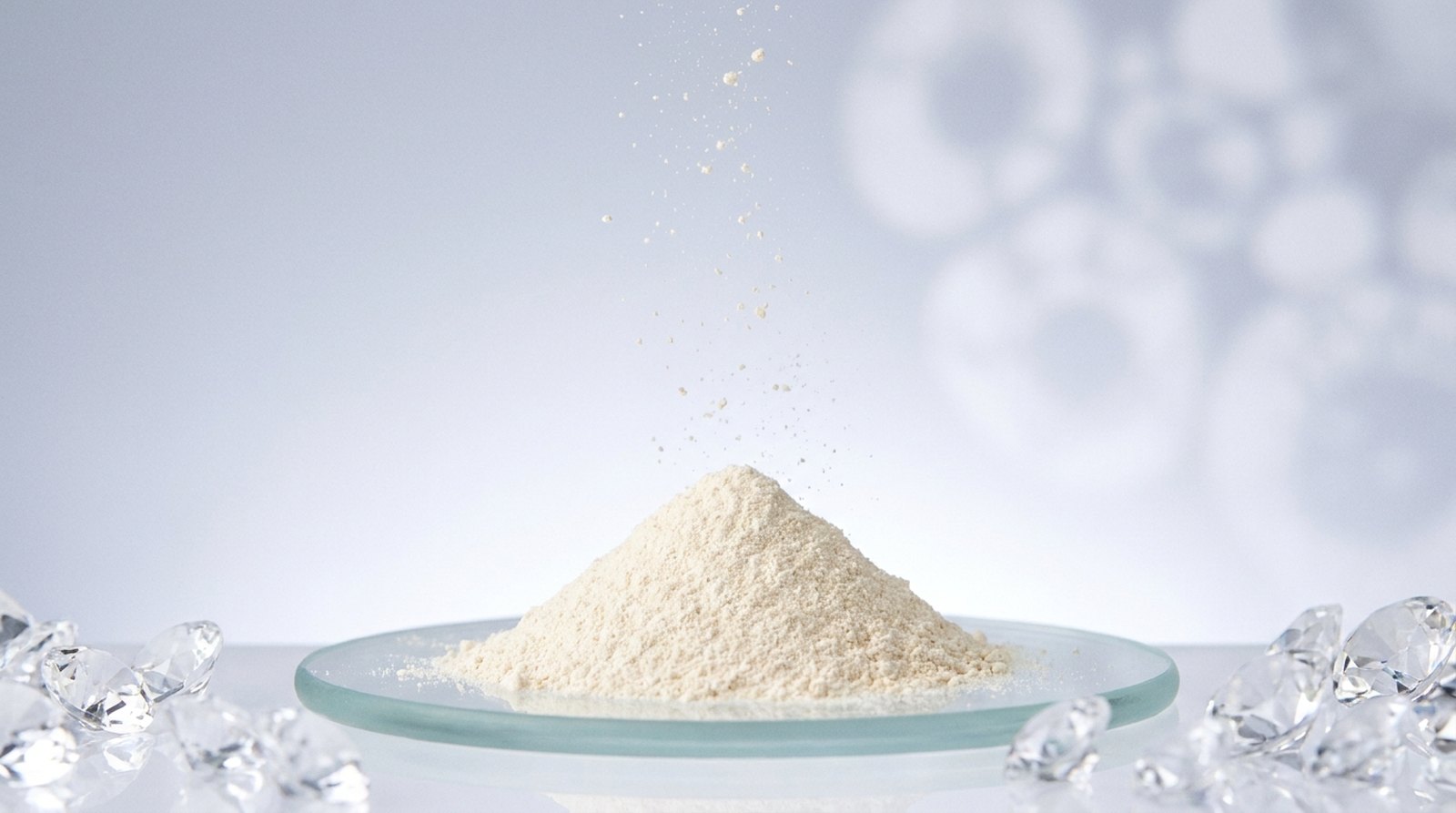 A mound of pale cream yeast beta-glucan powder on a glass disc, with round cell-like shapes softly blurred behind
