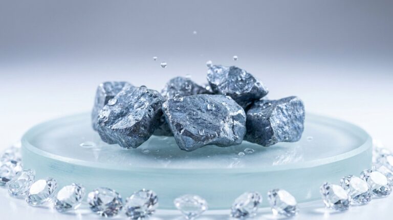 Raw blue-grey zinc mineral chunks resting on a pale glass disc, surrounded by cut crystals