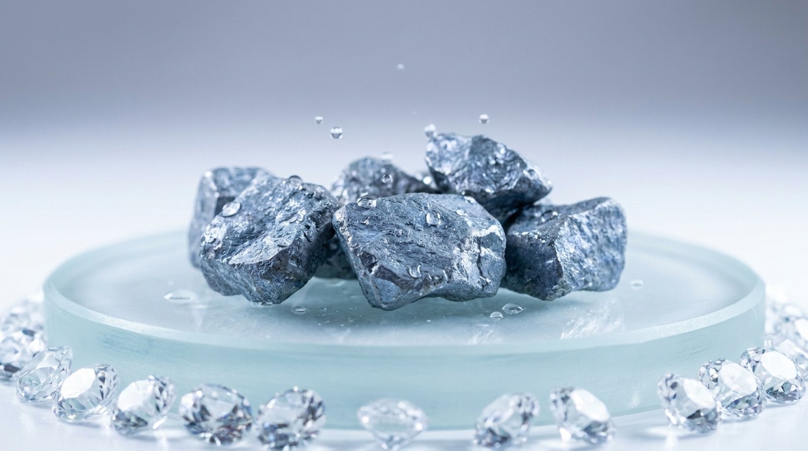 Raw blue-grey zinc mineral chunks resting on a pale glass disc, surrounded by cut crystals